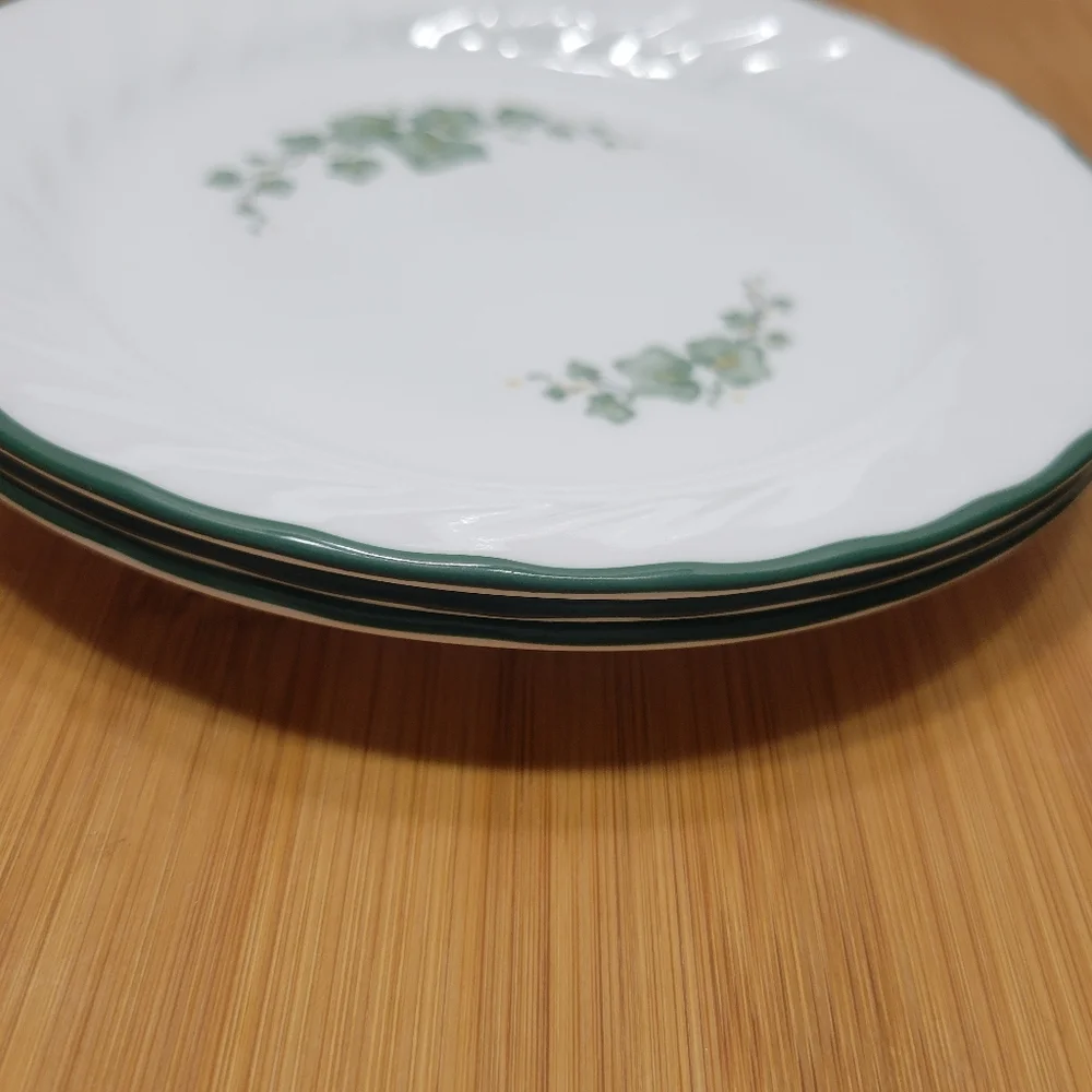3 Piece Corelle Callaway Dinner Plates Green Ivy Edge Rim White Swirl Plates